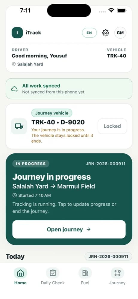 The iTrack driver app showing a journey in progress with tracking running