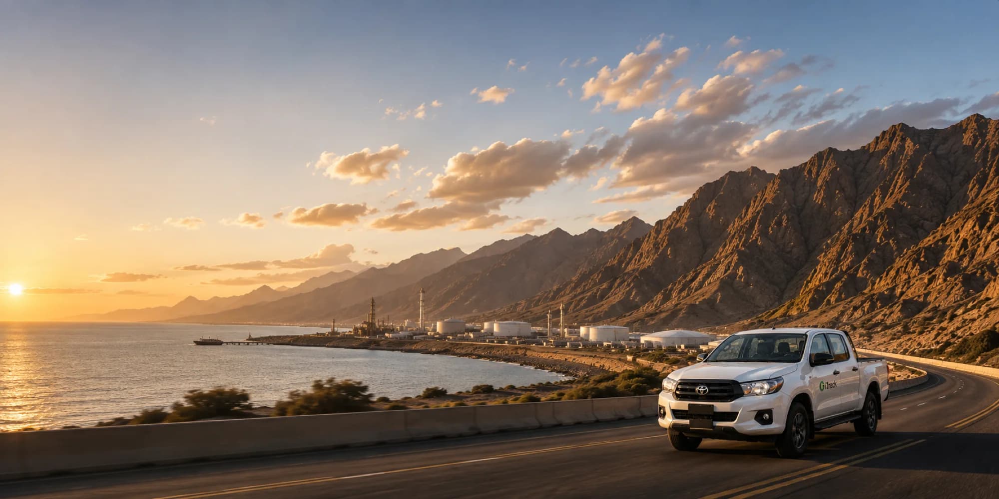 White iTrack pickup on a coastal highway in Oman at sunset