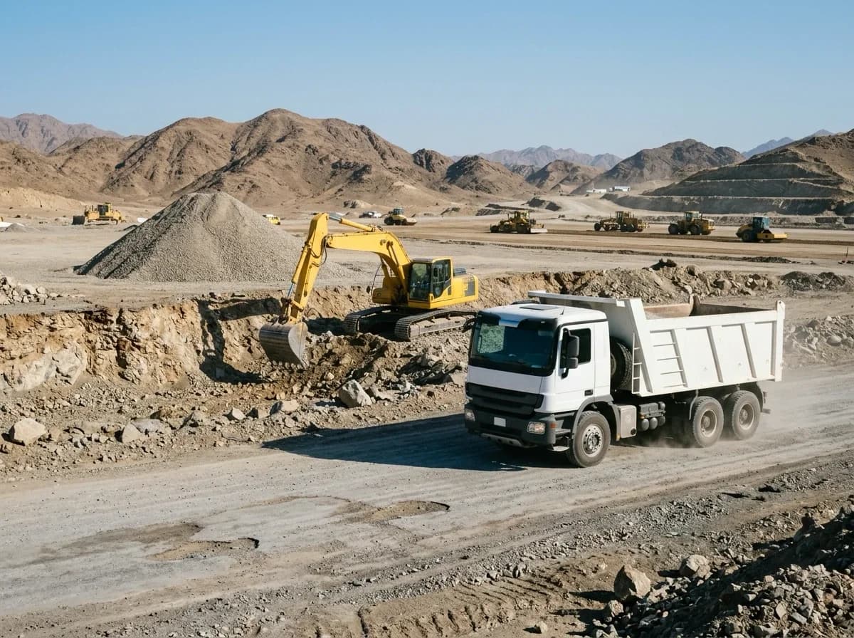 A white tipper truck on a site haul road with a tracked excavator loading aggregate