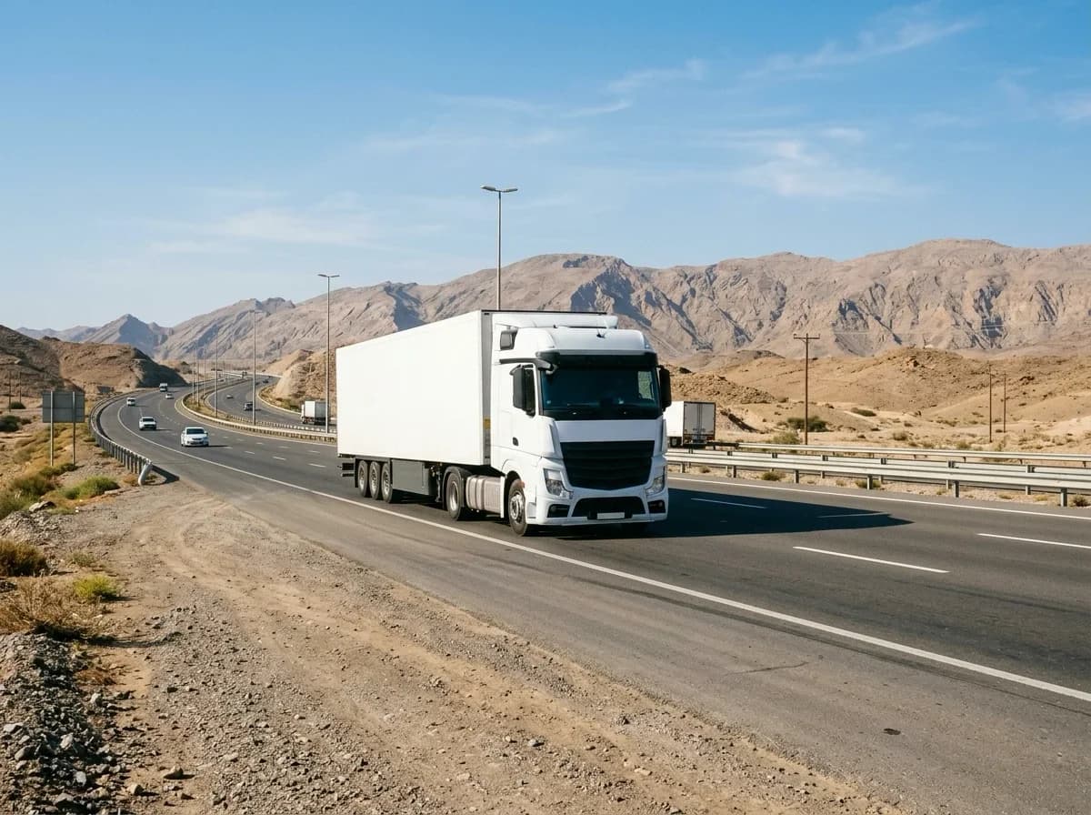 A white articulated truck on a highway corridor through arid mountains