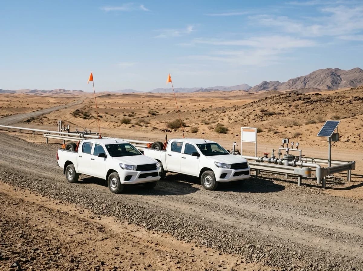 Two white commercial pickups at a desert pipeline junction