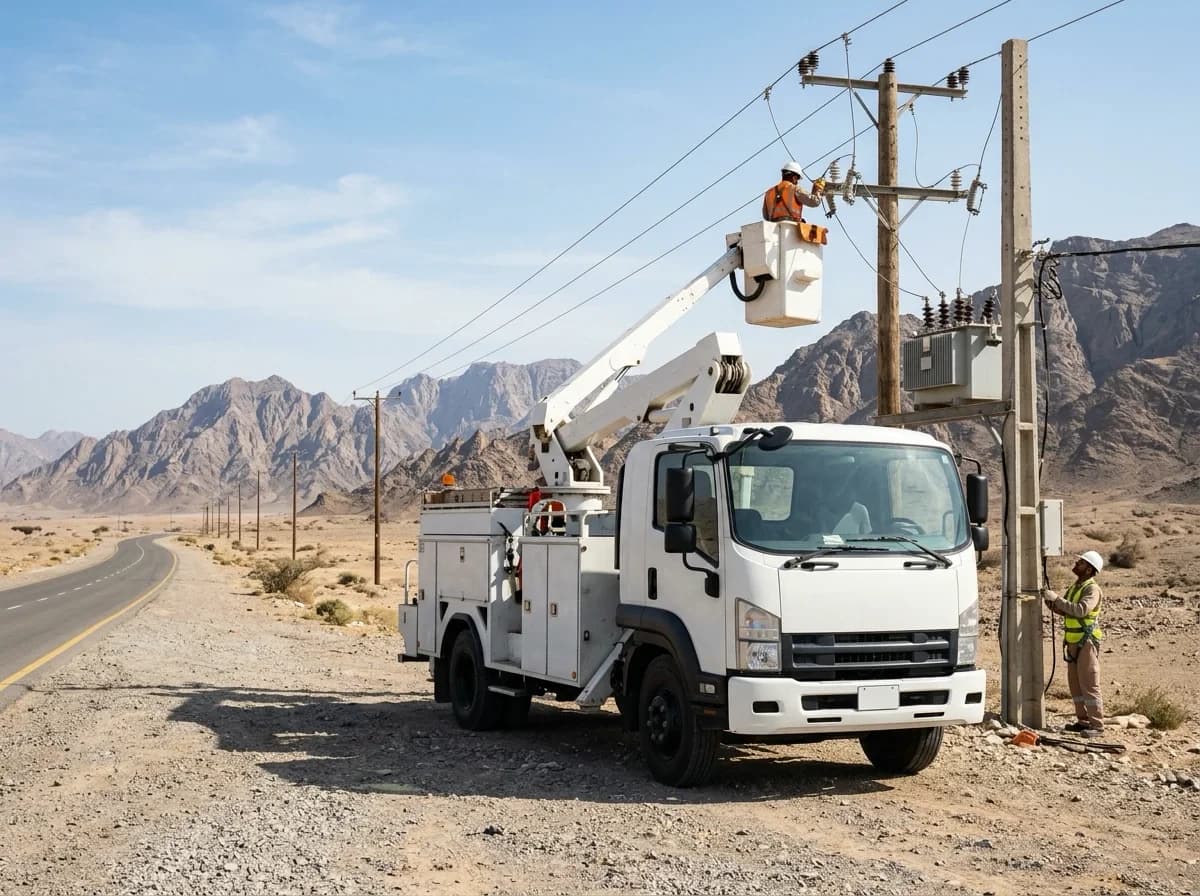A utility truck with a bucket boom lift working at power distribution poles