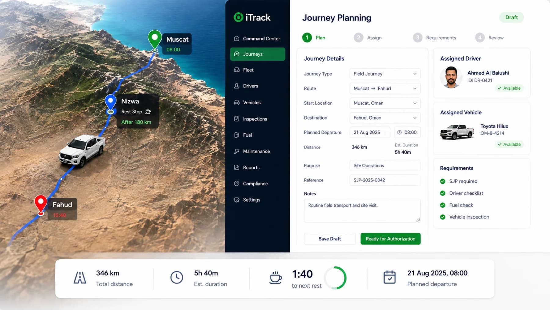 Journey planning: a Muscat to Fahud route over terrain beside the iTrack journey form with assigned driver, vehicle and requirements